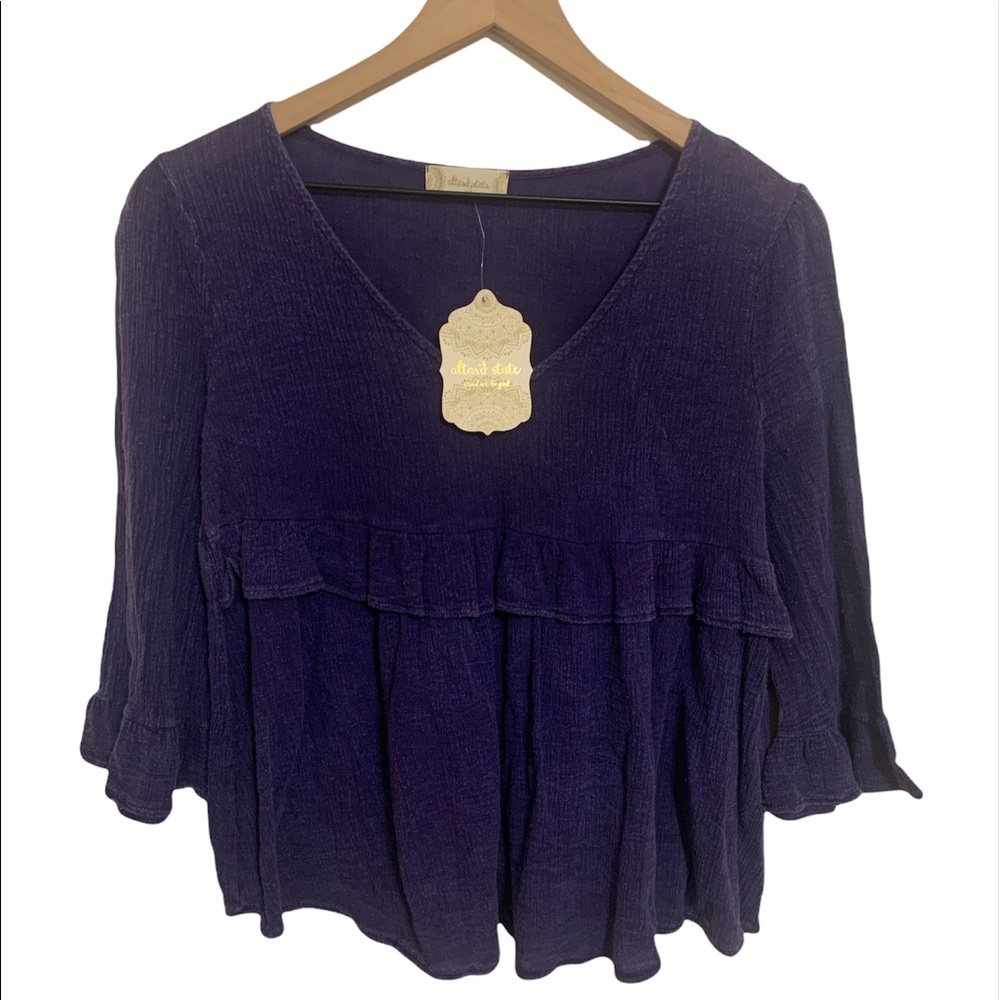 NWT Altar'd State Cobalt Blue Bell Sleeve Distressed Ruffle Top